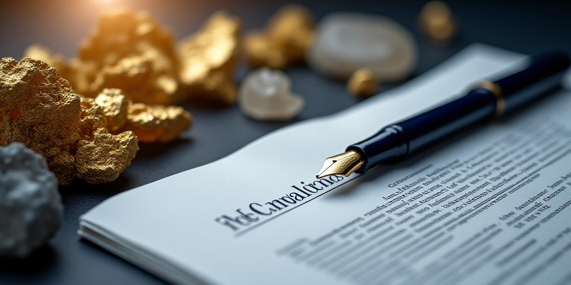 Abstract representation of gold and minerals market fluctuations with legal documents